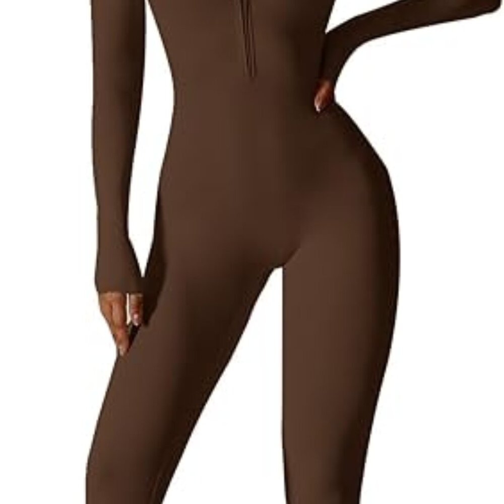 Womens  Workout Jumpsuit Zip Up Rompers Long Sleeve Yoga Unitard Full  Length - Picture 12 of 16